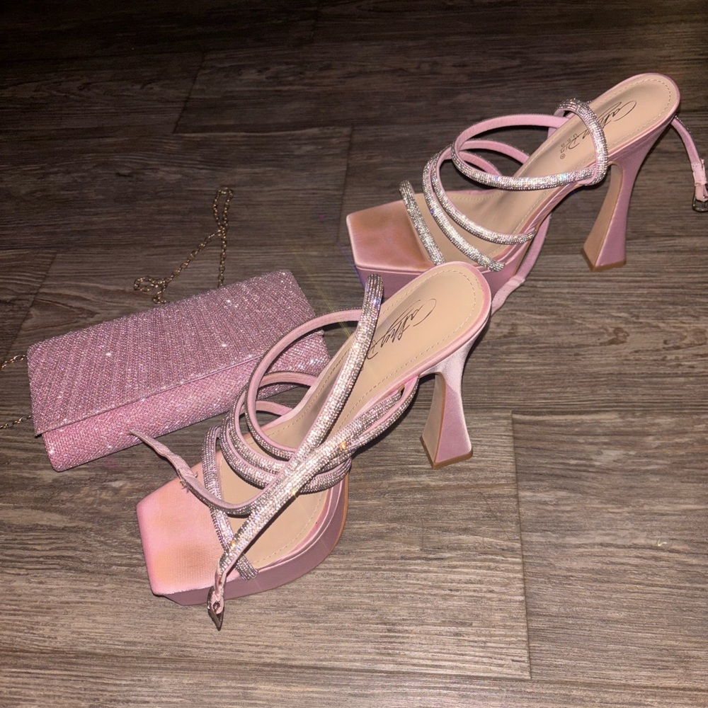 Pink rhinestone and glitter high heels with matching bag
